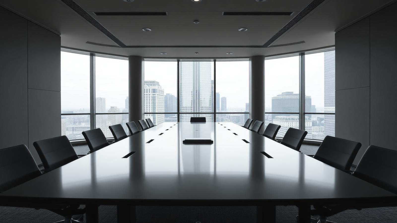 Empty modern executive meeting room overlooking a financial district skyline.